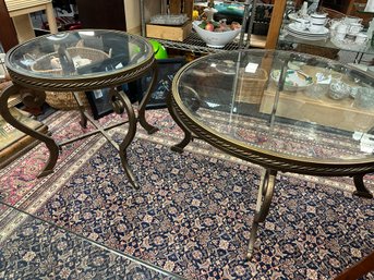 Round Glass Coffee Table And Side  Table With Metal Bases, Beveled Glass And  Rope Trim