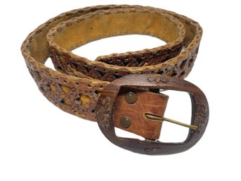 Retro Hand Made Leather Cut Out Woven Belt With Wood Buckle-Size 42