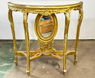 A Vintage Demi Lune Console Table - Gilt Wood With Marble Top