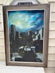 Framed City At Night Painting - Artist Signed