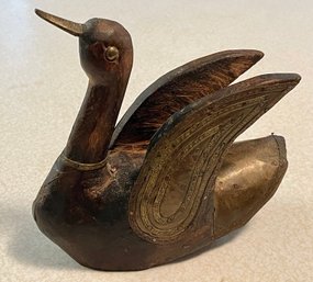 Carved Wooden Bird With Applied Metal Decoration