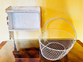 White Painted Hanging Shelf And Wire Basket