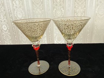 Rioja Pier 1 Imports Ruby Red Gold Scroll Crystal Martini Glasses