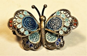 Continental Sterling Silver Filigree Enamel Butterfly Brooch Pin