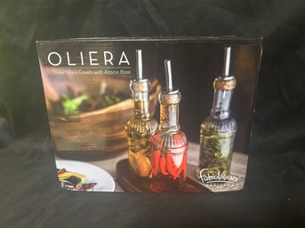 Fabio Viviani Three Glass Oil & Vinegar Set With Acacia Base Toscana Oliera NEW IN BOX