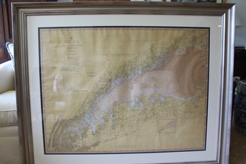 Vintage 1940-1950's Nautical Chart L.I. Sound Western Part Framed And Matted 52W X 42H