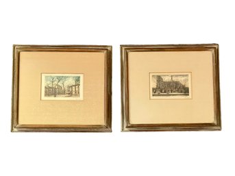 Complimentary Pair Of Early 20th Century Hand Colored French Etchings Of Paris, See Description For Details