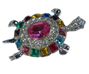 Vintage Silver Tone Multi Colored Rhinestone Turtle Brooch