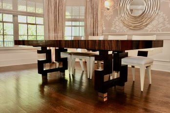 Artistic Frame  High Gloss Macassar Ebony Dining Table With Chinese Inspire Base Includes Leaves And Pads