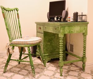Lexington Hand Painted Green Bobbin Desk With Matching Spindle Chair,  With Protective Glass Top