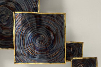 Wall Art - Metal & Enamel Square Rectangle - Spiral Circles - Whirlpools - Gold & Blue Tones - 20 X 40 Inches
