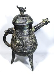 Antique Asian Bronze Three Footed Kettle With Lid