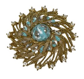 Large Sarah Coventry Gold Tone Brooch Blue Stones Faux Pearls