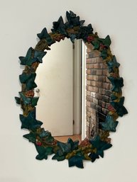 Vintage Iron Art Cast Iron Oval Mirror Frame Adorned With Ivy & Berries And Mirror