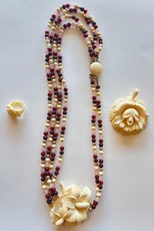 Vintage Bone & Beaded Necklace, Large Bone Charm & Faux Bone Ring