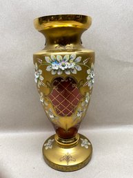 Gorgeous Venetian 18K Gold Murano Hand Blown Red Amber Glass Tre Fuochi 12' Flower Vase In Perfect Condition.