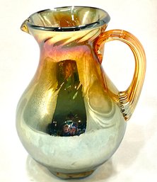 Unique Small Hand-blown Blue/gold Glass Pitcher W/ Art Deco Handle