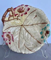 Antique Majolica Shallow Bowl W/ Turquoise & Dark Pink Flowers, Gold Veining (rEAD DESCRIPTION)
