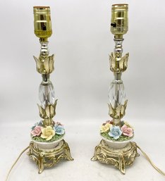 A Pair Of Vintage Painted Metal And Glass Accent Lamps