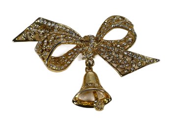 Large Gold Tone White Rhinestone Bow And Bell Brooch