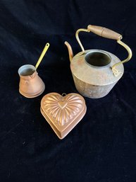 Copper Pourer, Kettle, And Heart Mold