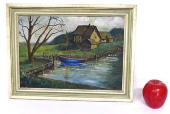 An Early 20th C. Oil On Board Of Farm Buildings Close To The Water With Sailboat, Dinghy, Etc. Signed