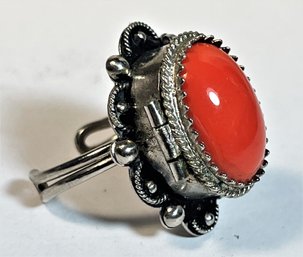 Vintage Silver Tone Red Glass Stone 'poison' Or Perfume Ring