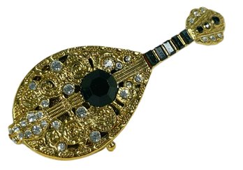 Gold Tone Rhinestone Black Enamel Mandolin Perfume Brooch.