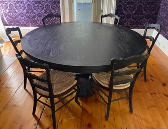 Black Stained Wood Pedestal Dining Table & 6 Rush Seat Chairs