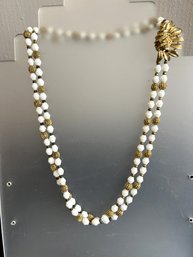 Sensational Pre-1955 Crown Trifari White Beaded Gold Tone Daisy Clasp Necklace