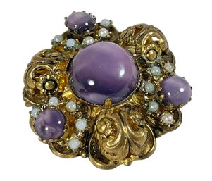 Vintage Gold Tone Round Brooch W Purple Glass Stones Faux Pearls