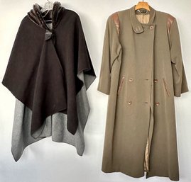 Vintage Sara Roberts Pure Wool Trench Coat & Fleece Poncho With Faux Fur Collar, Size Large