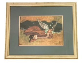 Limited Edition Bob Holloway Print 695/900, Angel Playing Violin. Framed Under Glass