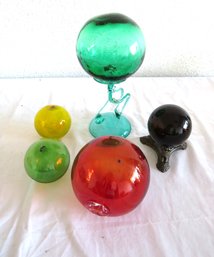 5 Colorful Hand Blown Glass Fishing Ball Floats With 2 Ball Holders