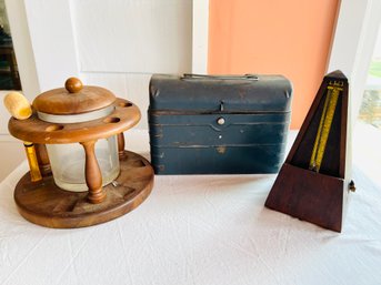 Vintage Items - Pipe Holder & Pipe, Lunch Box And Metronome
