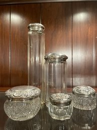 Collection Of Antique Glass And Sterling Silver Top Vanity Items.