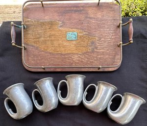 Vintage Set Of 5 Pewter French Horn Medieval Beer Mugs, Wooden Tray With Handles - Things Remembered ' Glenn''