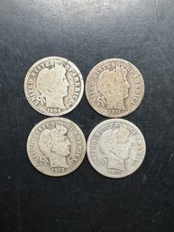 4 Silver Barber Dimes 1909, 1910, 1911-D, 1912-D