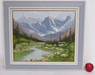 Oil On Canvas Of Bucolic Mountain Streamside Cabin With Mountain Range In Background