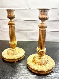 Pair Of Vintage Solid Brass Candlesticks With Fluted Stem, Early 1900's