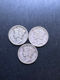 3 Mercury Dimes 1940-S, 1942-S, 1945