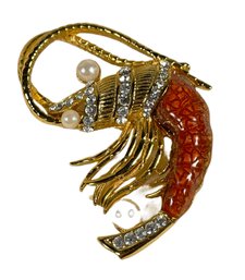 Vintage Gold Tone Enamel Rhinestone Shrimp Brooch