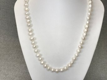 High Grade - Bright White Color - Authentic Cultured Baroque 20' Pearl Necklace With 18k Gold Overlay Clasp