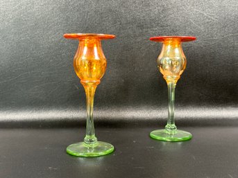 A Stunning Pair Of Vintage Art Glass Candlesticks In Iridescent Orange & Green