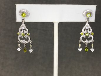 Stunning Sterling Silver / 925 Chandelier Earrings With Peridot And Sparkling Icy White Zircons - Very Nice !