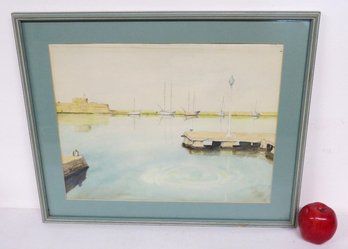 Mid-century Framed Pastel Watercolor Of Sailboats Along The Dock.