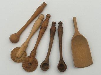 Antique Folk Art Wooden Treen Objects- Pie Crimpers, Scoop And Spoons