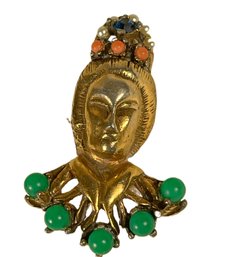 Vintage Gold Tone Brooch Asian Woman's Head Bust W Stones