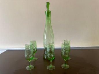 Beautiful Green Glass Decanter And Cordial Glasses