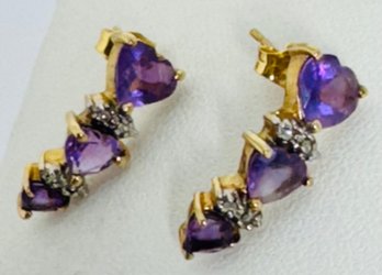 PRETTY 10K GOLD AMETHYST HEART AND DIAMOND ACCENT EARRINGS